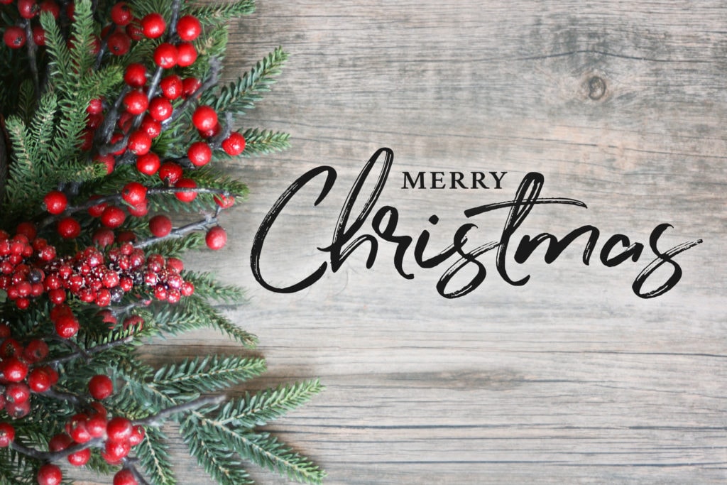 MERRY CHRISTMAS! 7 Merry Christmas Text with Christmas Evergreen Branches and Berri